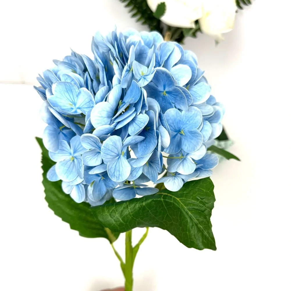 Artificial Flower Bouquet Blue Hydrangea White Roses Fern Leaves & Berries NEW